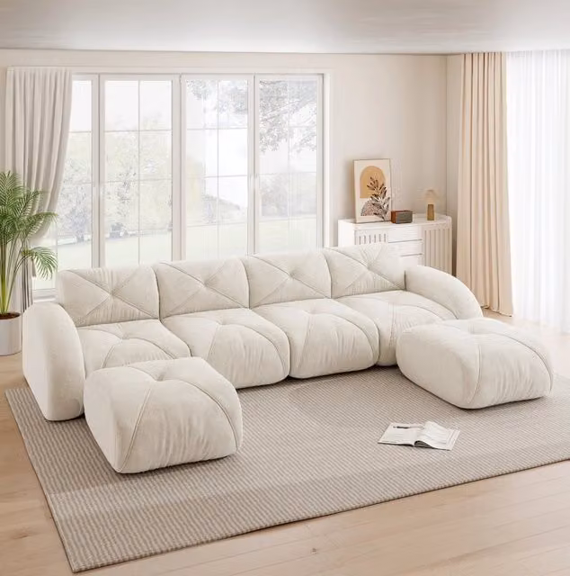 Divano modulare a U MODFU beige con pouf coordinato, L: 358 cm, P: 171 cm, H: 76 cm