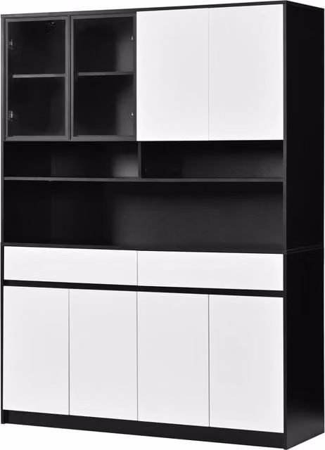 Mobile alto da soggiorno in MDF con ante in vetro e LED RGB controllabili tramite app, colore nero e bianco, 120x38x160 cm