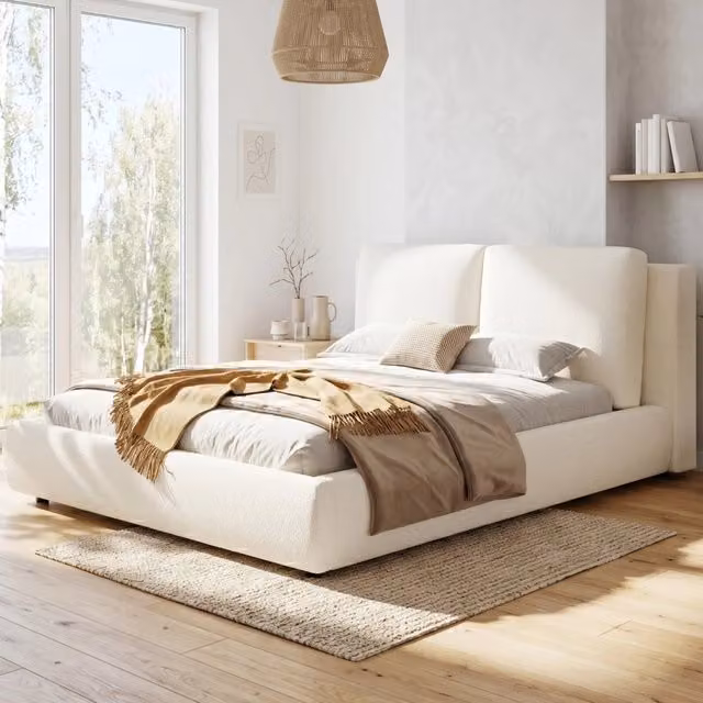 Letto matrimoniale 180 × 200 cm 2 posti in bouclé beige con testiera imbottita ergonomica, senza materasso