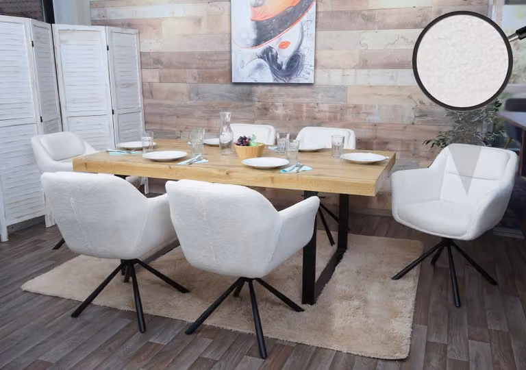 set di 6 sedie da sala da pranzo HWC-K33, sedia da cucina Sedia, posizione girevole automatica, tessuto MVG ~ bouclé-bianco