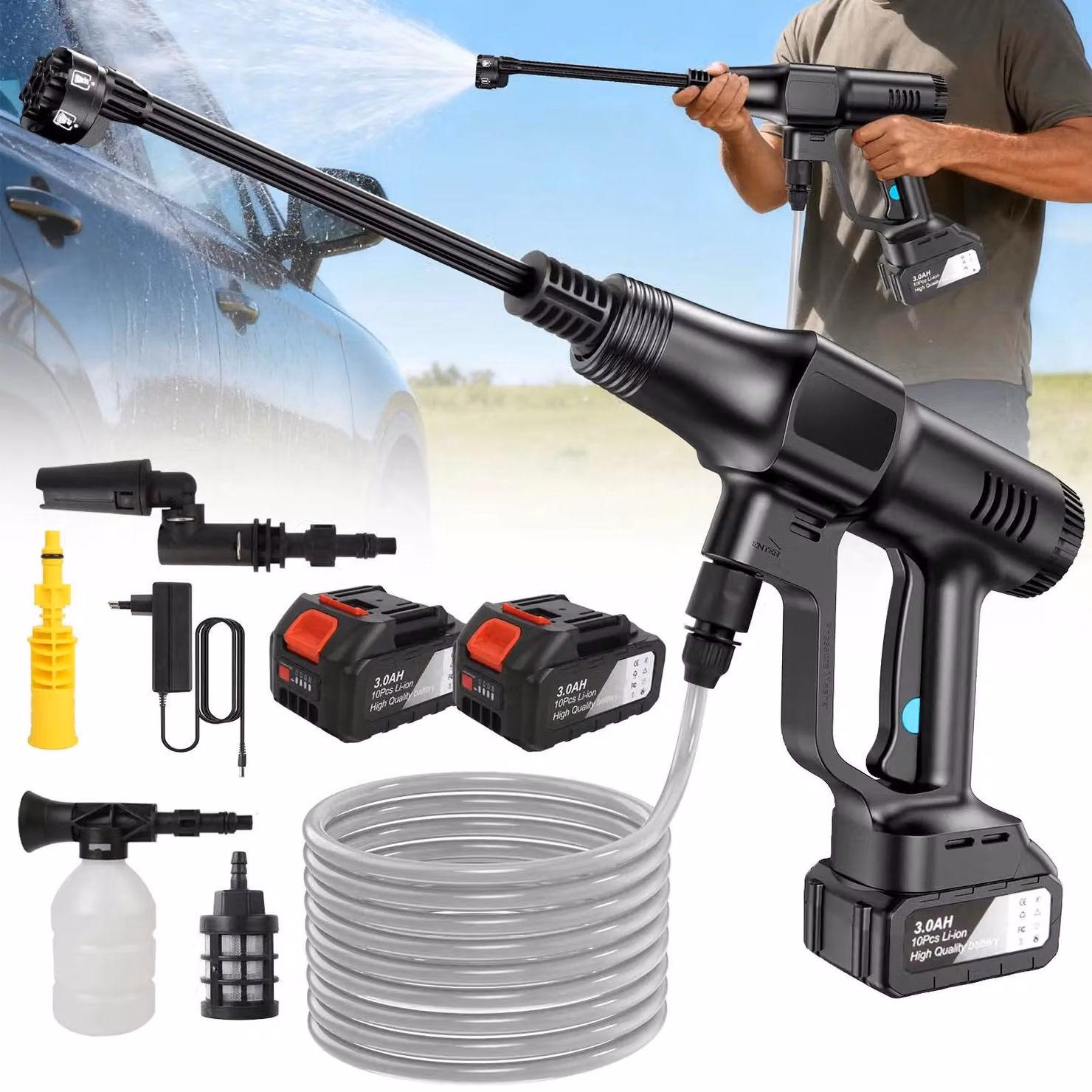 Idropulitrice portatile - Pistola a batteria - Motore brushless - Ugello multifunzione 6-in-1 - 3 livelli di pulizia - Set con 2 batterie