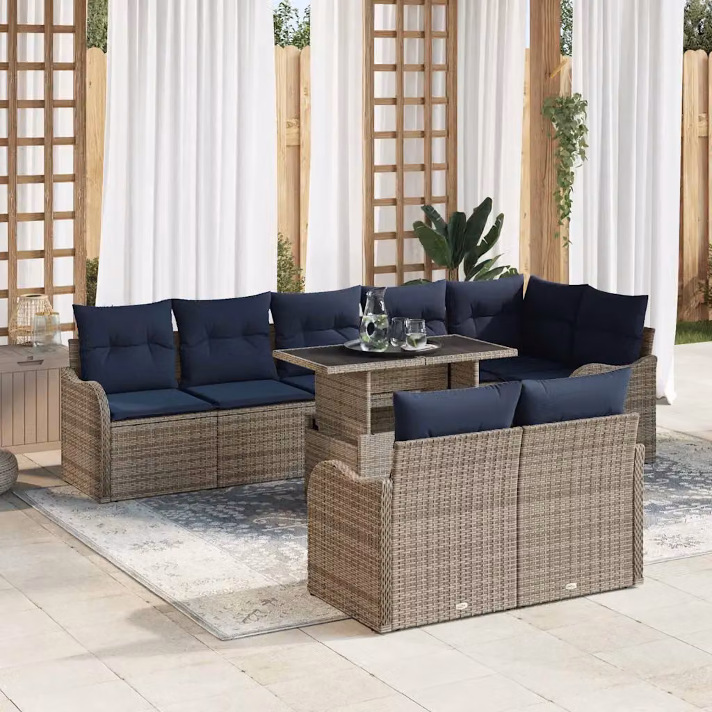 Set Divano da Giardino a L vidaXL in Poly Rattan Grigio e Blu con Tavolino e Cuscini