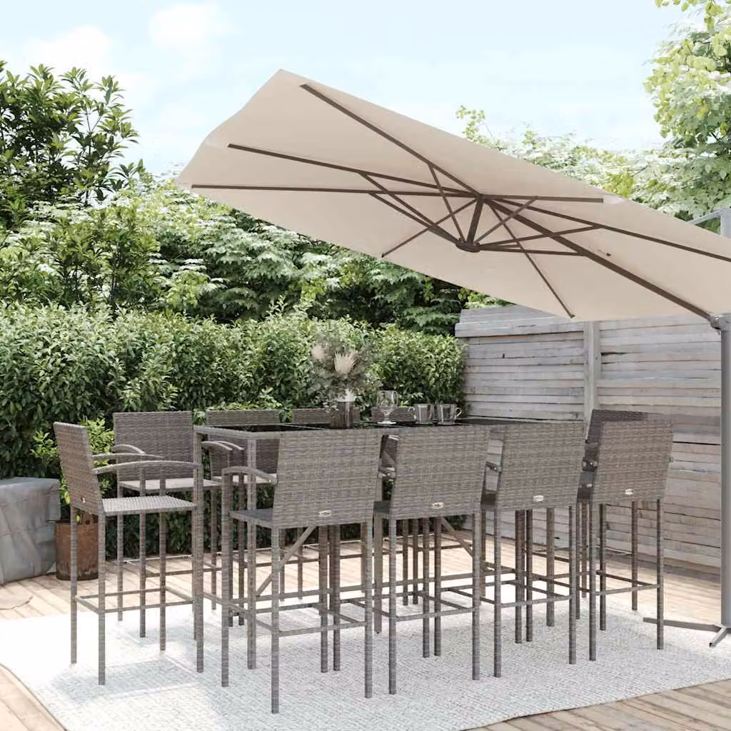 Set da Bar da Giardino vidaXL in Polyrattan Grigio e Nero con Piano in Vetro, 11 Pezzi