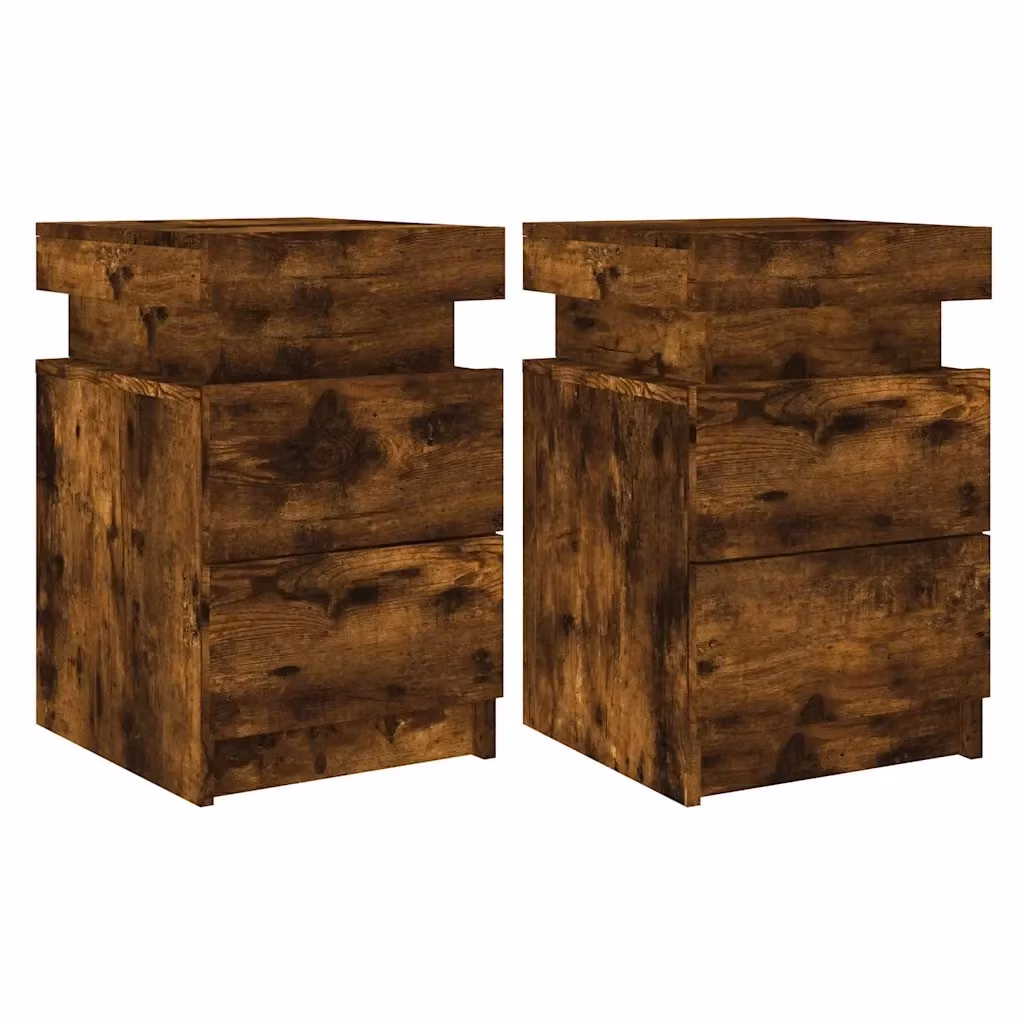 Set di 2 comodini moderni vidaXL con luci LED integrate in legno color rovere fumo, sospesi a parete, L 35 cm x P 39 cm x H 55 cm – 2