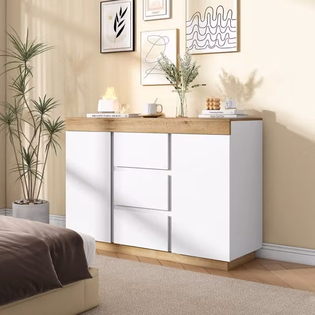 Cassettiera e credenza con 3 cassetti e 2 ante, per camera da letto e soggiorno, in truciolare E1. bianco e rovere
