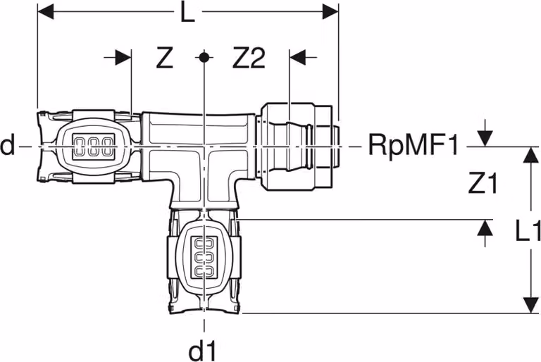 Geberit GE FlowFit Masterfix, raccordo a T di transizione, con derivazione MF, d 20 mm x Rp MF 1/2 x d 20 mm, 1 pz.