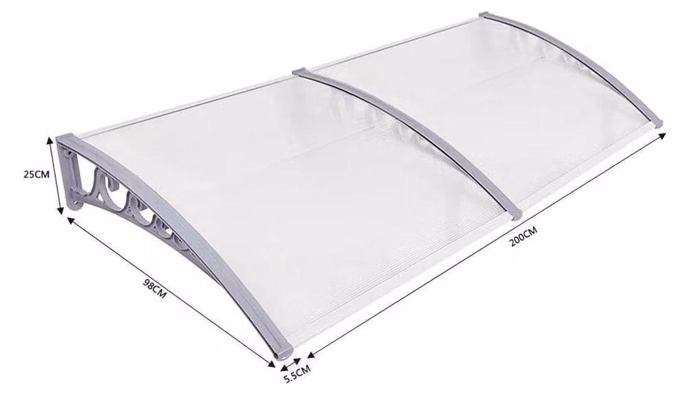 Tettoia d'ingresso - Tettoia per porta - Tettoia a forma di arco - Tettoia trasparente in policarbonato, dimensioni 100 x 200 cm - Protezione UV - Protezione dal vento - Colore: grigio