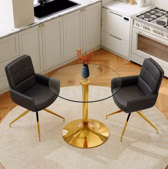 Set tavolo e sedie 85 cm rotondo in vetro temperato nero e oro, 2 posti girevoli