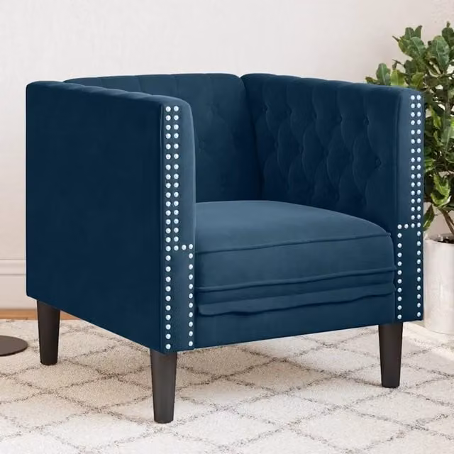 Poltrona Chesterfield in Velluto Blu con Braccioli e Struttura in Legno – 1