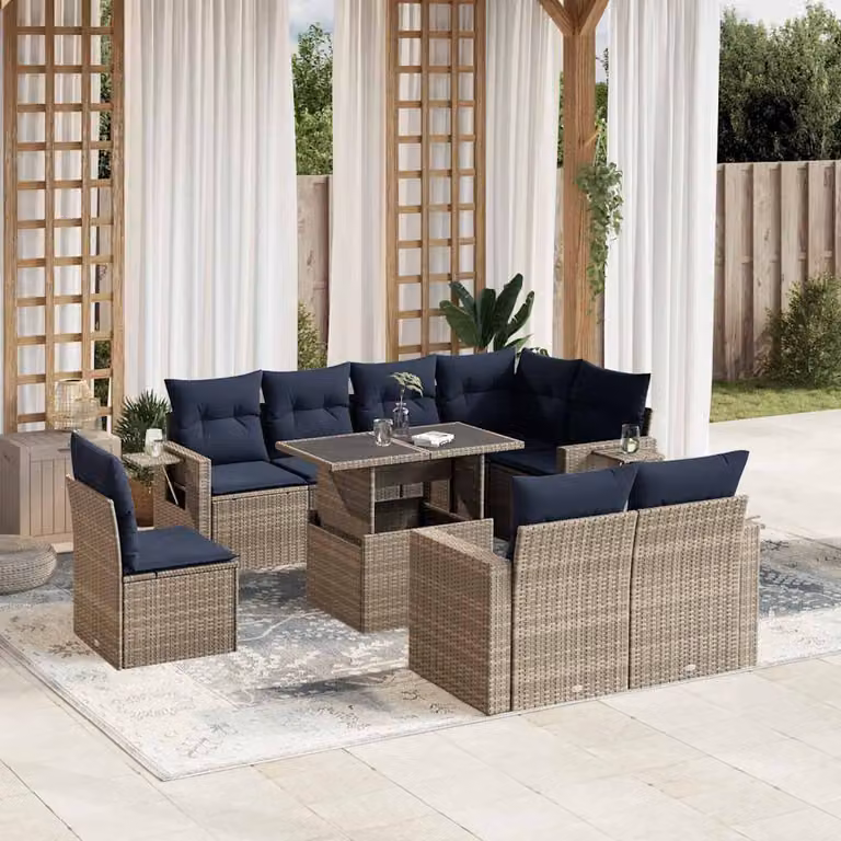 Set di divani da giardino vidaXL in polyrattan grigio con cuscini e tavolino da esterno a forma di L