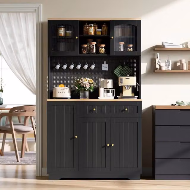 Mobile colonna da cucina Mivray nero con vetrina e ripiani regolabili L/P/H: 103.5 x 40 x 180 cm