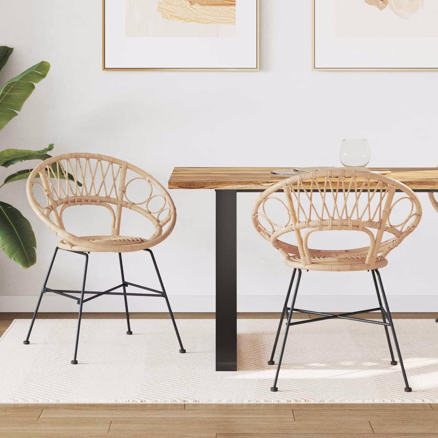Set di 2 sedie da pranzo vidaXL in rattan e metallo, colore beige e marrone, L/P/H: 54 x 65 x 82 cm