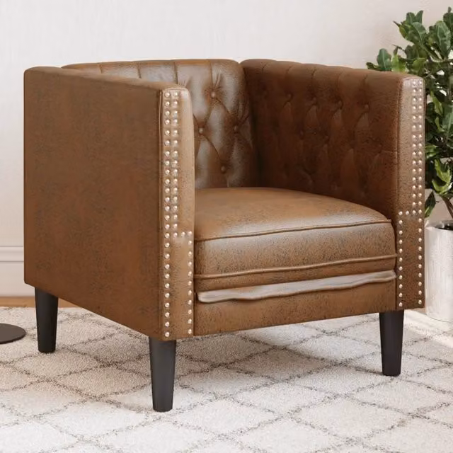 Poltrona Chesterfield in Similpelle Scamosciata Marrone con Braccioli e Struttura in Legno – 1