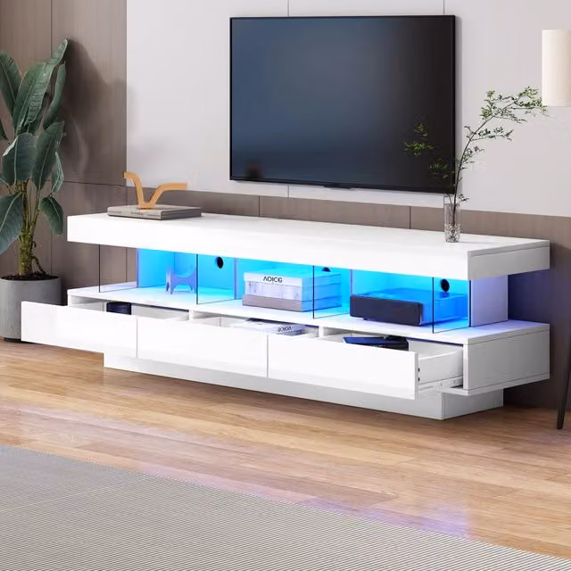 Mobile TV bianco lucido 160x38x50,5 cm con 3 ripiani in vetro, illuminazione LED, controllo app e Bluetooth, per TV fino a 70 pollici