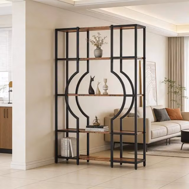 Libreria WISHDOR a 5 ripiani in stile industriale con struttura in metallo nero e legno, scaffale aperto per soggiorno o ufficio, L: 108 cm, P: 28 cm, H: 36,5 cm