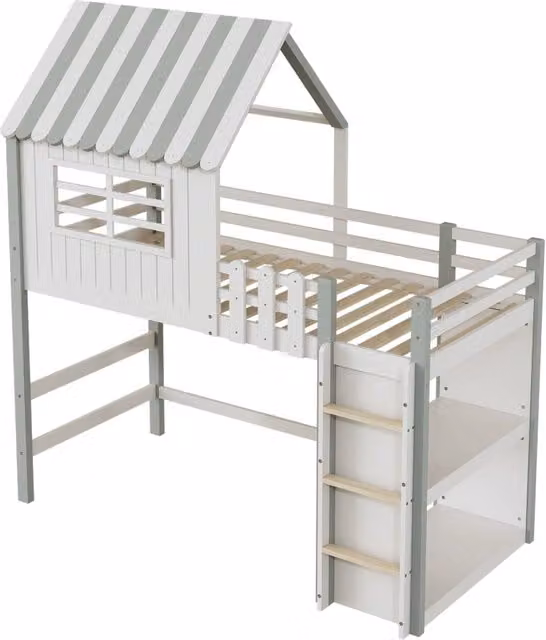 Letto a soppalco Tynqer per bambini in legno massello verde e bianco con scala, barriera e ripiano laterale, L/P/H: 200 x 90 x 218,5 cm
