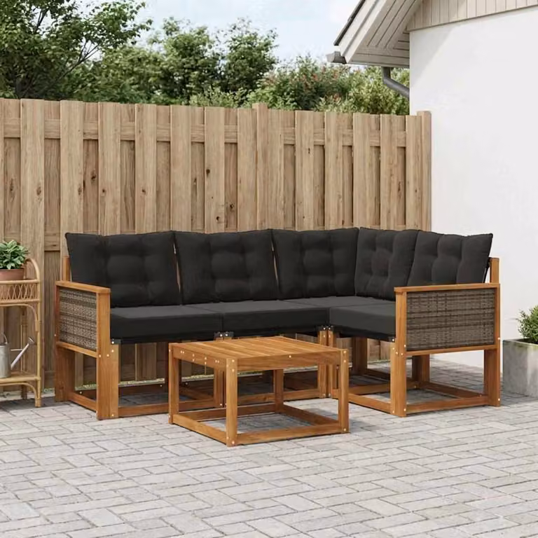 Set di divani da esterno vidaXL 5 pezzi in legno di acacia con cuscini, colore marrone e nero