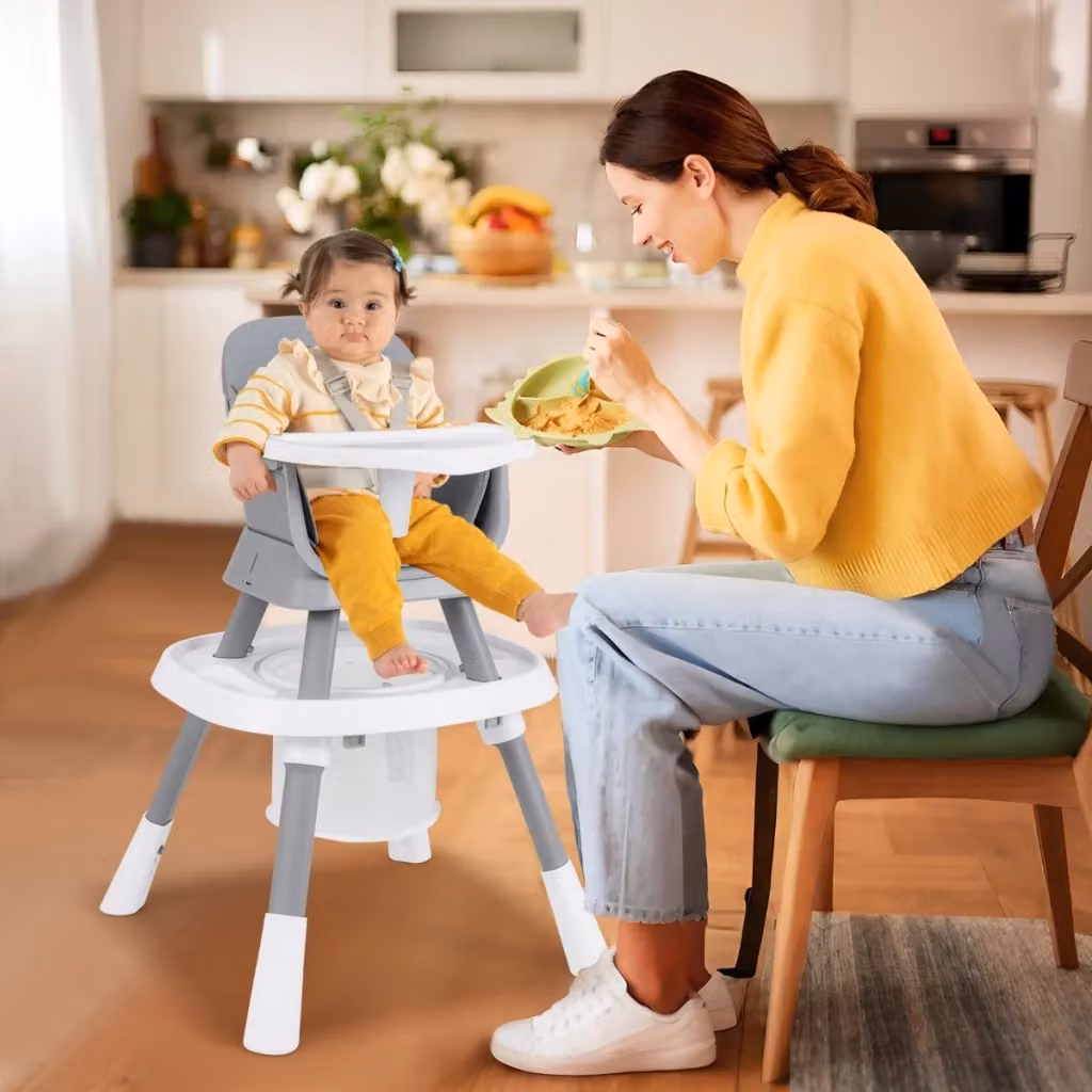 Seggiolone convertibile 16-in-1 Design Mania con vassoio rimovibile e cintura, set tavolo e sedia multifunzionale per bambini, Grigio e Bianco – 2