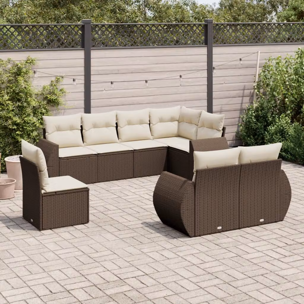 Set di divani da giardino vidaXL a forma di L composto da 8 pezzi in polyrattan marrone con cuscini bianchi e coperture rimovibili – 1