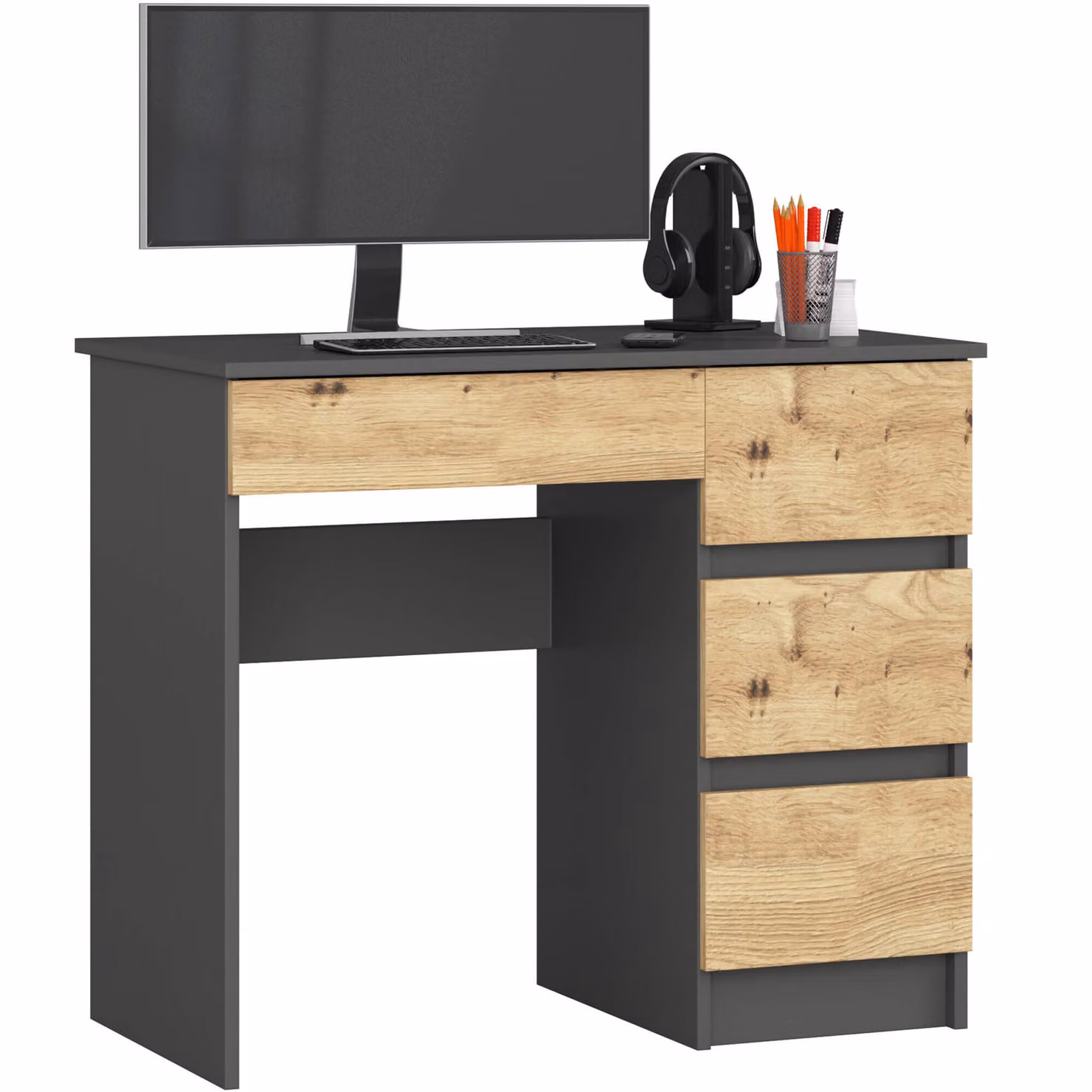 Akord Scrivania Con 3 Cassetti Lato Destro Grafite E Rovere Artigianale 90X50X77 Cm