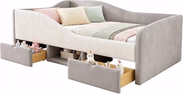 Letto per bambini 90x190 cm con cassetti e sponde imbottite in velluto grigio