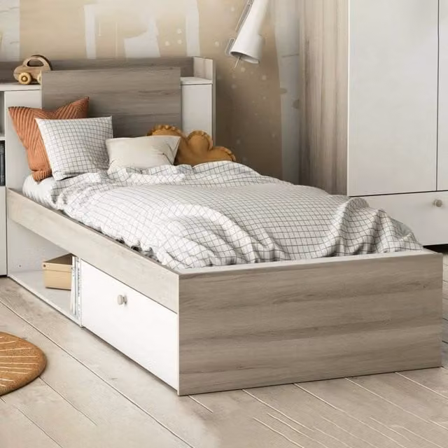 Letto singolo Wali DMORA con cassetti, struttura in legno e MDF, Rovere e Bianco, L: 120 cm, P: 200 cm, H: 91 cm