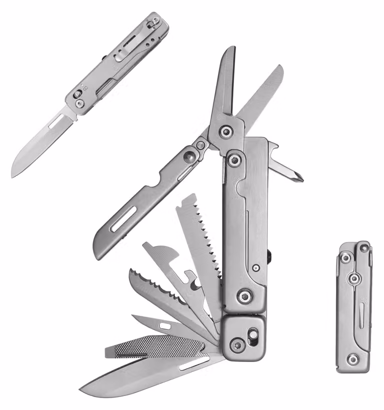 Omgoods - Multiuso 13-in-1 in acciaio inossidabile - Pieghevole - Include: coltello/sega/forbici - Apribottiglie/apriscatole - Cacciaviti - Resistente e robusto - Utensile multifunzione