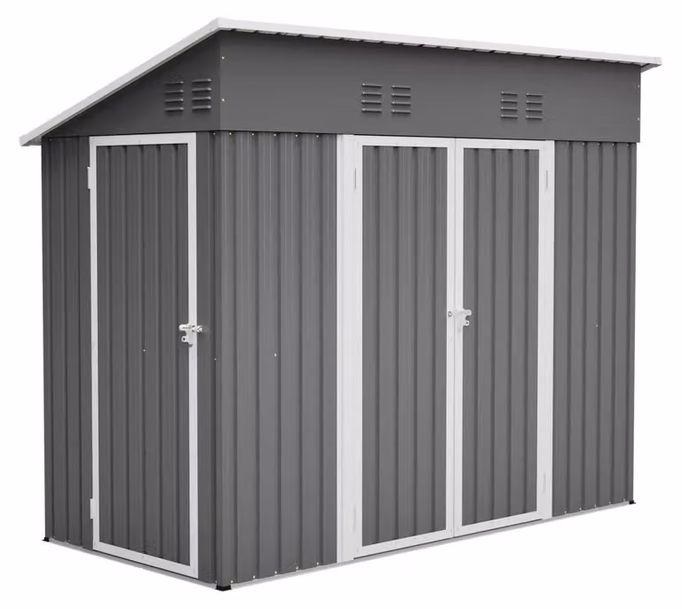 Magazzino esterno, accessibile tramite doppie porte, struttura in metallo resistente, dimensioni 4x8 piedi (circa 1,22x2,44 metri), colore grigio, completo di fondamenta