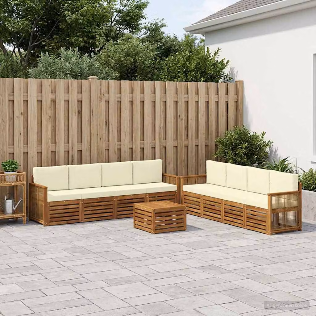 vidaXL Set di divani da esterno a forma di U composto da 9 pezzi in legno di acacia con cuscini, colori beige, bianco e marrone