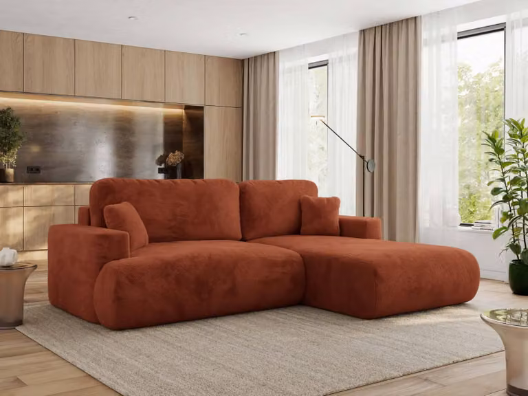 MKS MEBLE divano angolare OVO con funzione letto e box letto, arancione felpato, divano a L, divano angolare a 4 posti, 271x195x95 cm - lato destro