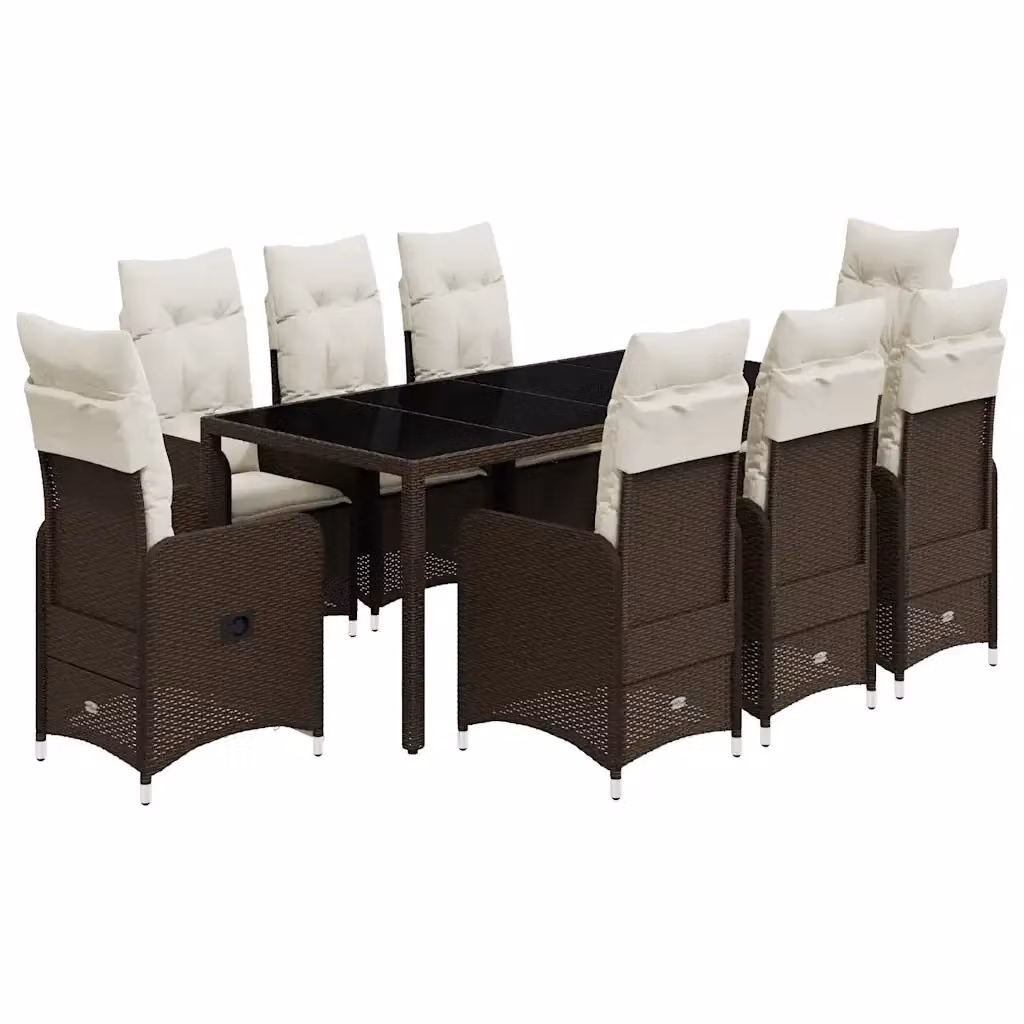 Set Bistrò da Giardino vidaXL in Polyrattan Marrone e Bianco con Cuscini e Tavolo in Vetro, 9 Pezzi – 2