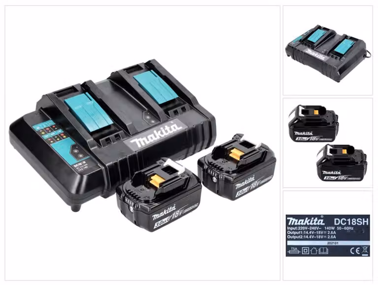 Kit di alimentazione Makita 18 V con 2x batteria BL 1830 B 3,0 Ah ( 197599-5 ) + caricabatterie doppio DC 18 SH ( 199687-4 )