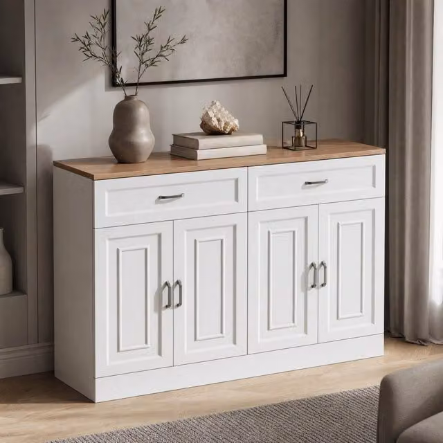 Credenza Mivray bianca con 4 ante e 2 cassetti soft close, L/P/H: 120 x 35 x 80.5 cm – 1