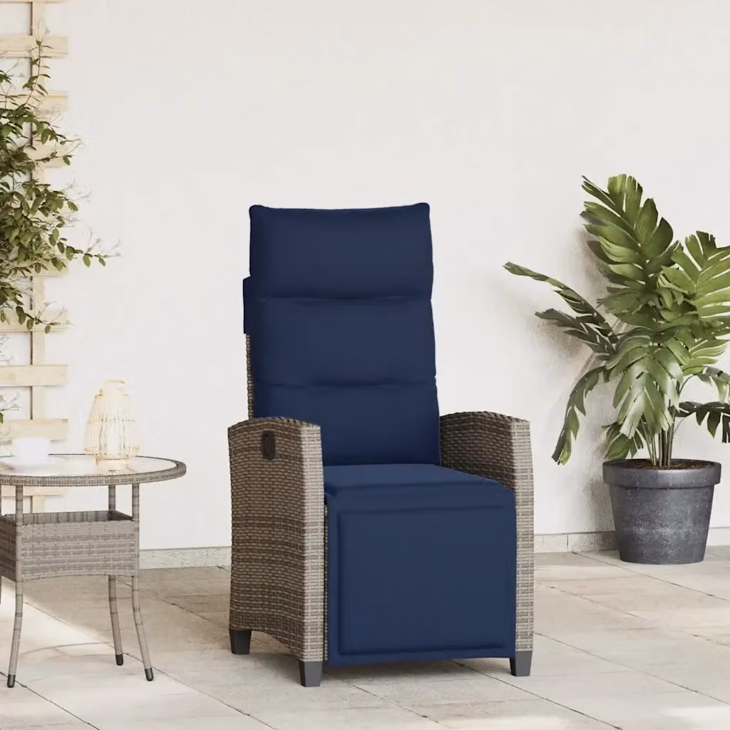 Sedia Reclinabile da Giardino con Tavolino in Polyrattan Grigio e Blu con Struttura in Metallo – 2