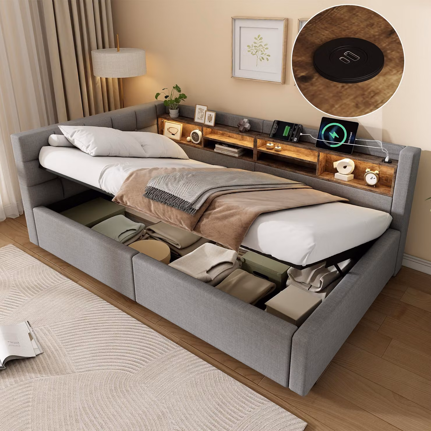 Divano letto Flieks 90x200 cm con USB e rivestimento in ecopelle, letto imbottito per ragazzi con contenitore a sollevamento idraulico e ripiani, divano letto "daybed" in lino, colore grigio