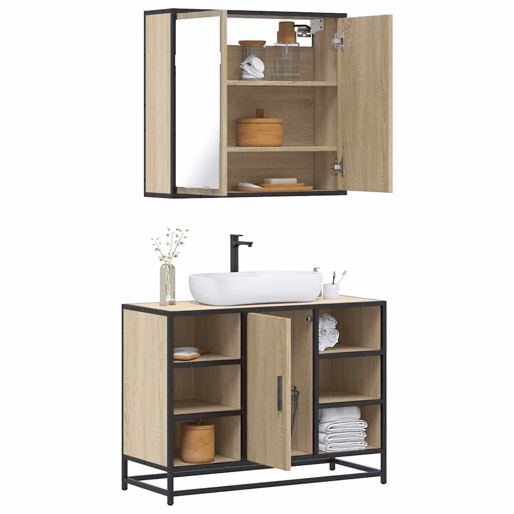 Set Mobili da Bagno 2 pz vidaXL in Legno e Metallo Stile Industrial Marrone con Mobile Lavabo e Armadietto Specchio – 1