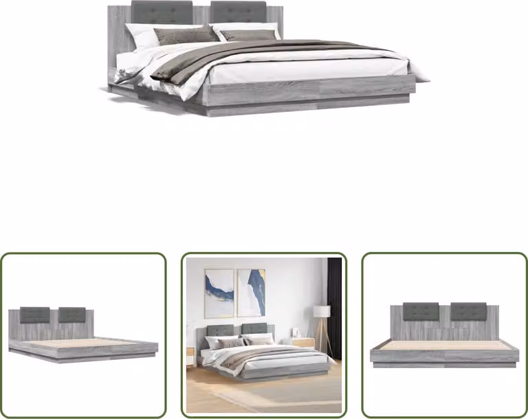 The Living Store Giroletto con testiera grigio Sonoma 200x200cm in materiale ligneo