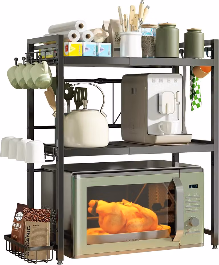 Ripiano magnetron regolabile, a 3 livelli, estendibile da 40 a 60 cm, con 2 supporti per bicchieri, per la cucina