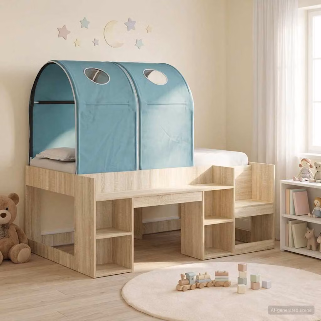 vidaXL Letto per bambini con tunnel e scaffale, 3 pezzi, Rovere e Azzurro, L: 190 cm x P: 90 cm x H: 120 cm