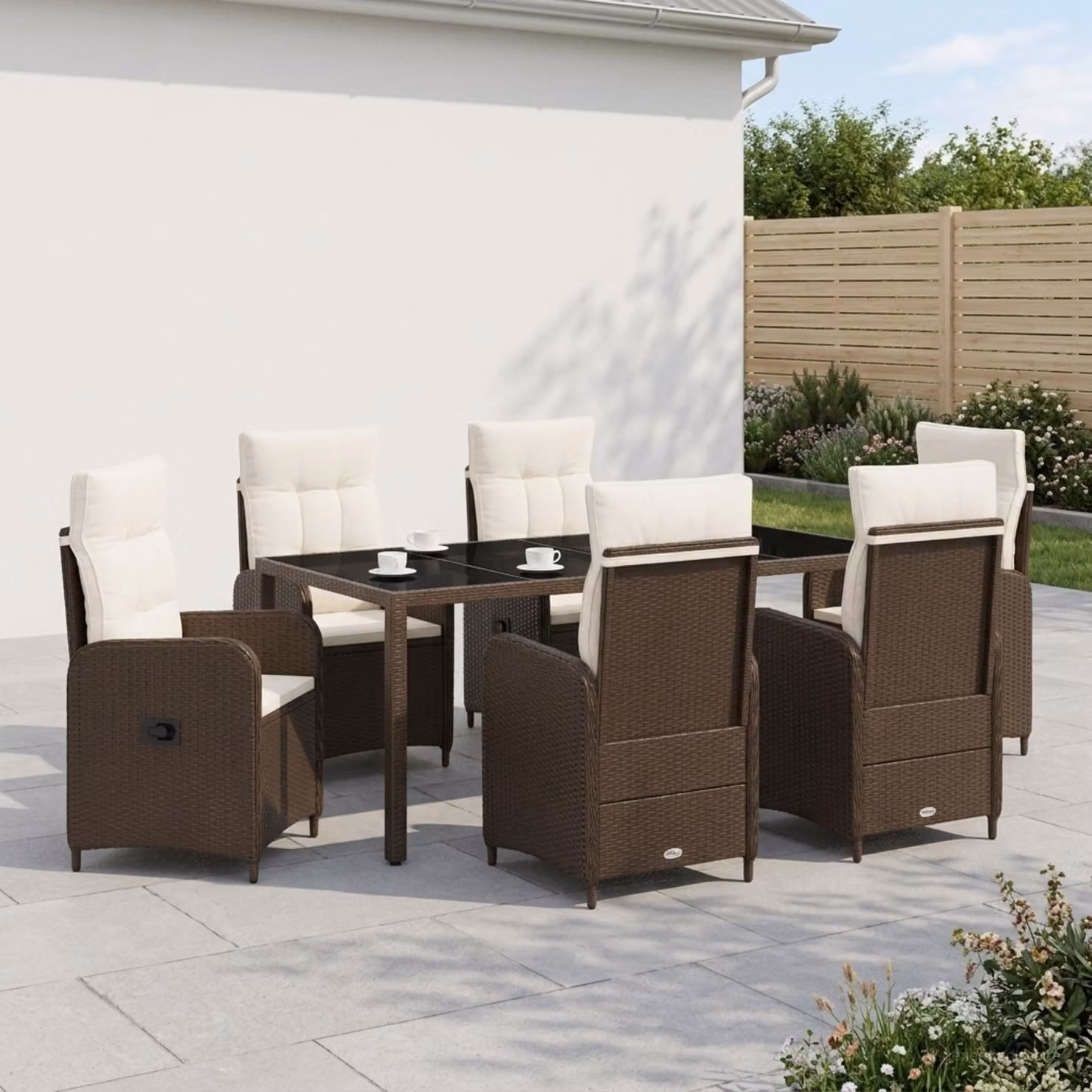 Set da pranzo per esterni vidaXL in polyrattan con tavolo in vetro, 7 pezzi, Marrone e Bianco Crema