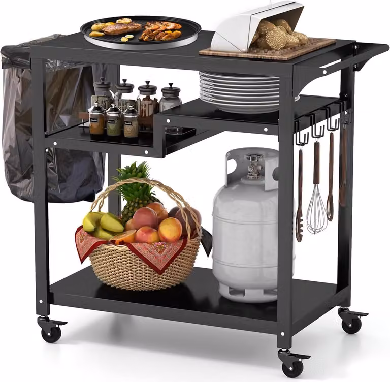 COSTWAY carrello per barbecue da esterno, tavolo per pizza con 4 ripiani e 4 rotelle e ganci, tavolino per barbecue carrello da giardino per uso esterno, 100,5 x 50 x 93,5 cm (4 ripiani)