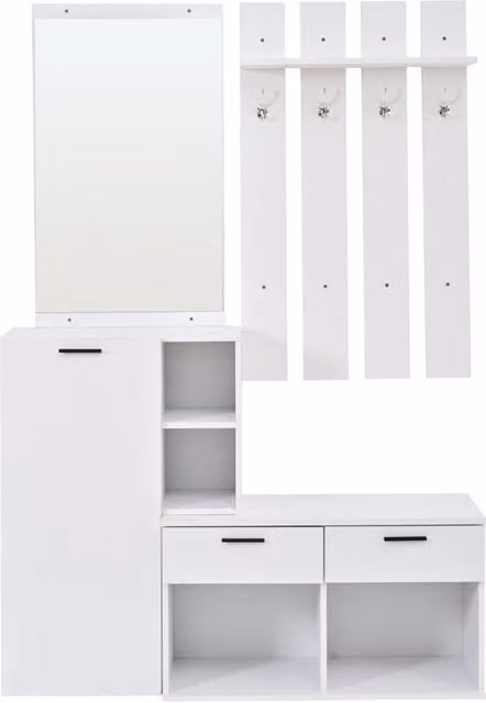 Guardaroba da ingresso Chicfurn con specchio, 4 ganci, 2 cassetti e scarpiera in MDF bianco, L: 120 cm, P: 35 cm, H: 175.5 cm