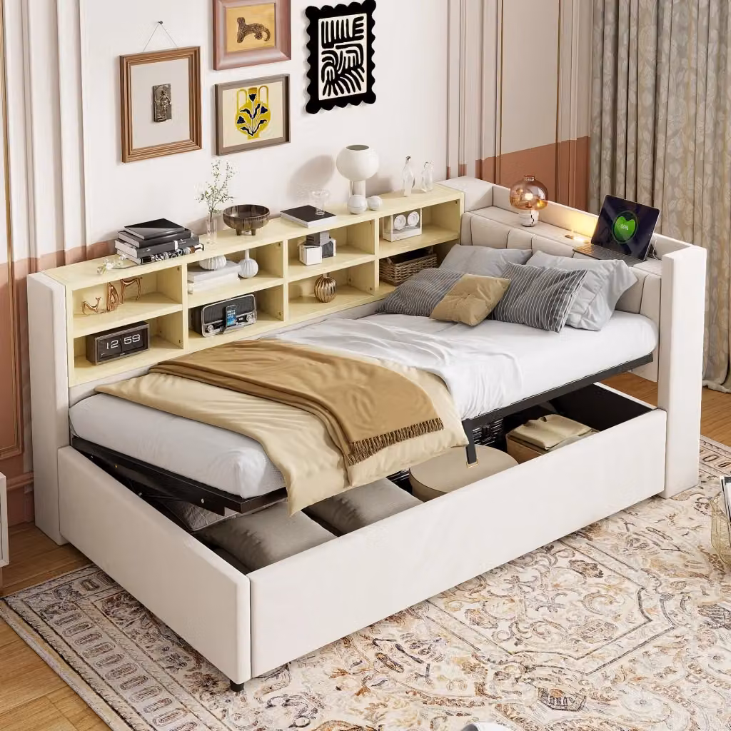 Letto divano singolo beige con contenitore idraulico, luce notturna, porte USB e Tipo C, L/P/H: 90 x 200 x 81 cm – 2