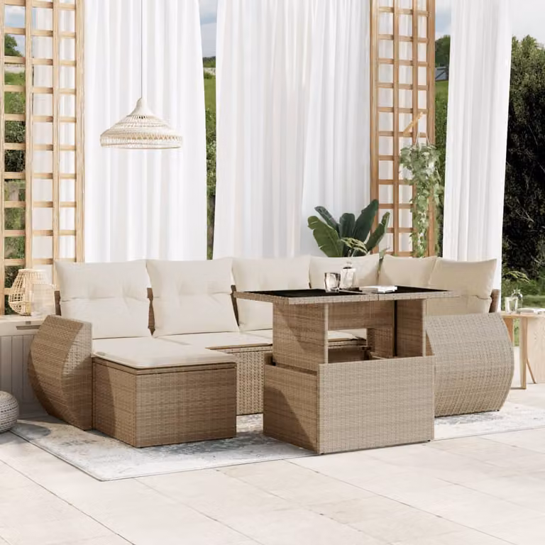 vidaXL Set Divani da Giardino 7 pz a Forma a L con Cuscini Beige e Tavolino in Polyrattan e Metallo