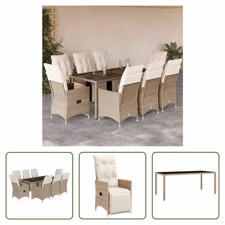 The Living Store Set bistrot da giardino 9 pezzi con cuscini Beige in poly rattan