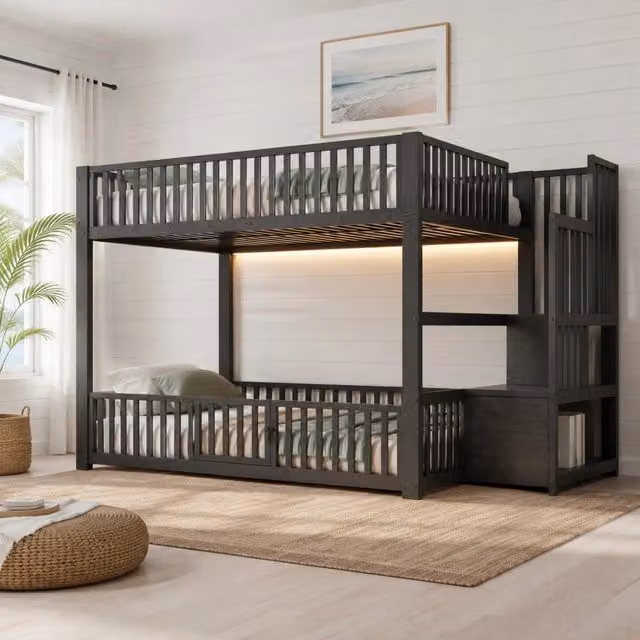 Letto a castello Mivray nero con scala contenitore, illuminazione LED e barriera di sicurezza in metallo e MDF, L/P: 140 x 200 cm