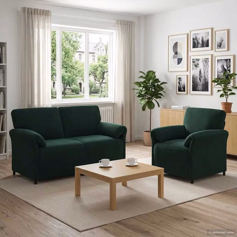 Set di 2 divani moderni vidaXL in velluto verde scuro con struttura in metallo e cuscini inclusi