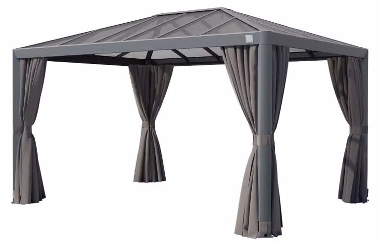PRIMEYARD Gazebo da Giardino 3x4 m Tetto Hardtop in Policarbonato con 4 Teli Laterali in Grigio