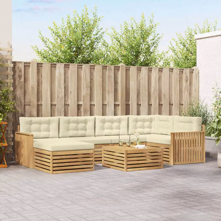 Set di divani da esterno vidaXL 7 pz in legno di acacia con cuscini Bianco, Beige e Marrone