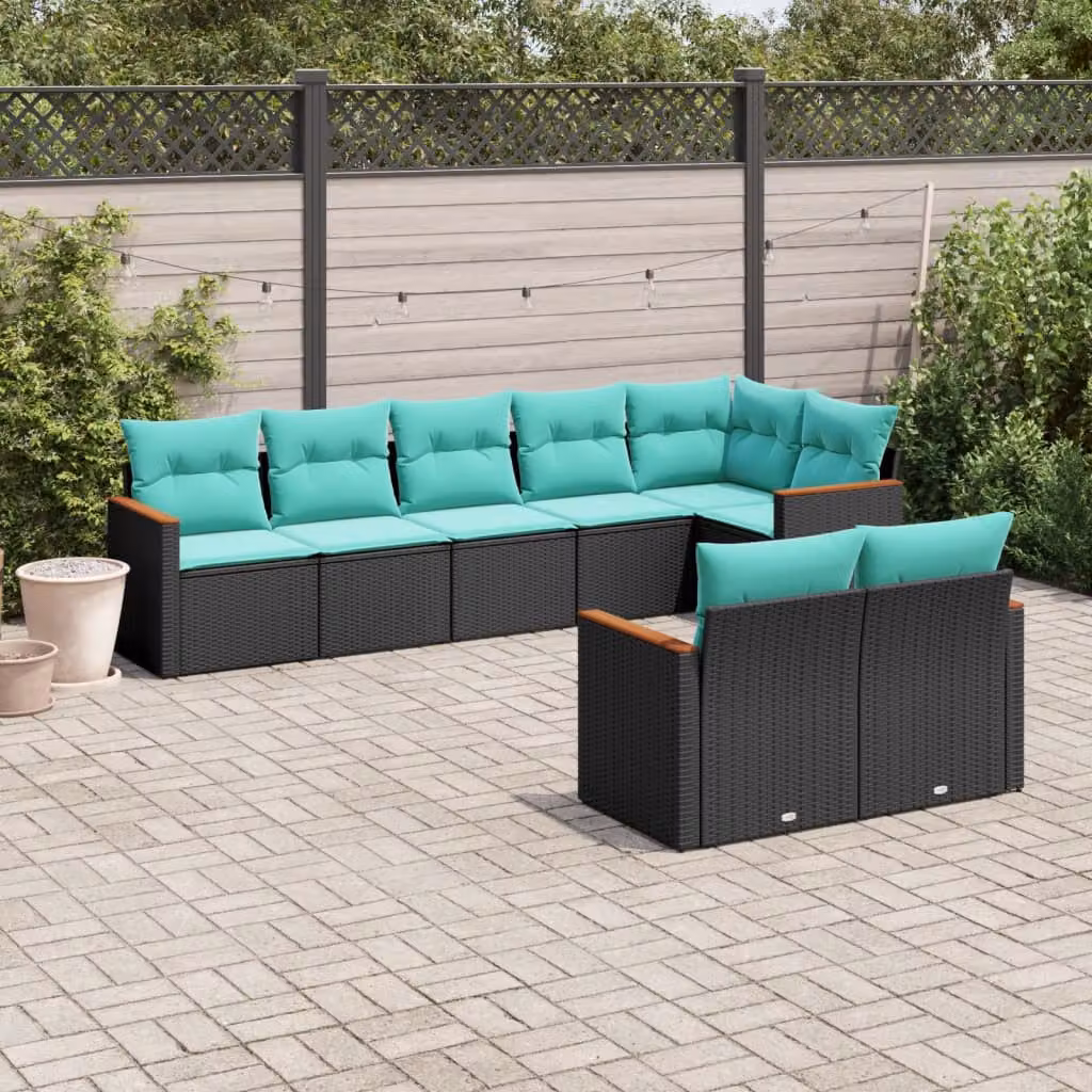 Set di divani da giardino vidaXL a forma di U composto da 8 pezzi in rattan nero con cuscini inclusi e struttura in metallo
